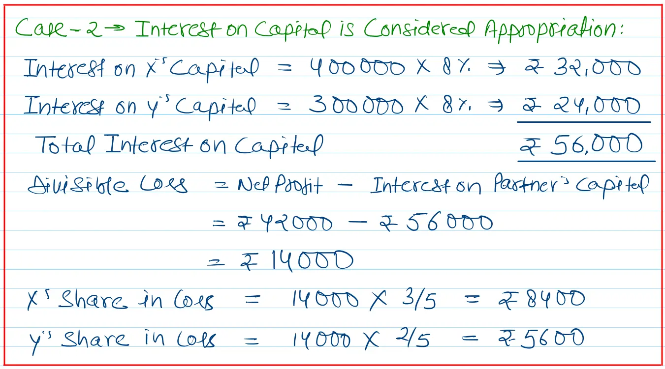 A and B contribute ₹ 4,00,000 and ₹ 3,00,000 respectively as their capitals. They decided to allow interest on capital @ 8% p.a. Their respective share of profit is 3 : 2 and the profit for the year is ₹ 42,000 before allowing for interest on capitals