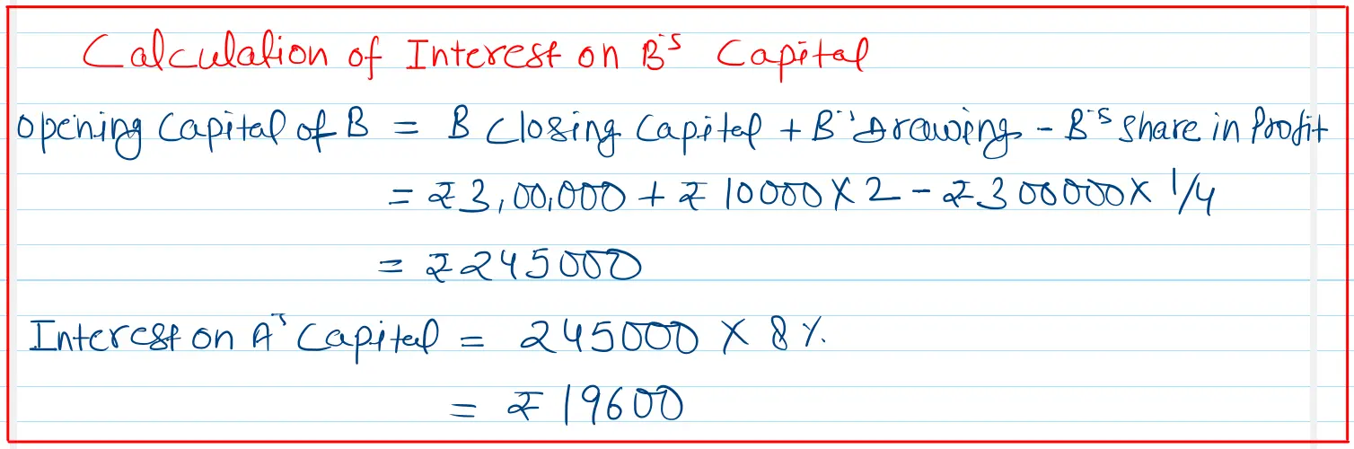 The capital accounts of A, B and C showed credit balances of ₹ 5,00,000, ₹ 3,00,000 and ₹ 2,00,000 respectively, after taking into account drawings and net profit of ₹ 3,00,000. They shares profits in the ratio of 2 : 1 : 1. The drawings of the partners during the year 2023-24 were