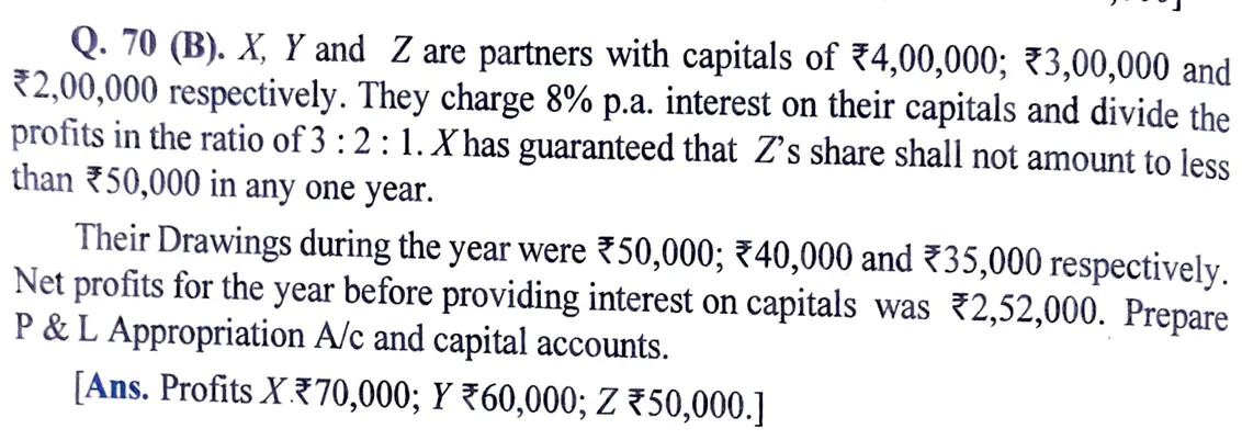 X, Y and Z are partners with capitals of ₹ 4,00,000; ₹ 3,00,000 and ₹ 2,00,000 respectively. They charge 8% p.a. interest on their capitals are divide the profits in the ratio of 3 : 2 : 1. X has guaranteed that Z's share shall not amount to less than ₹ 50,000 in any one year.